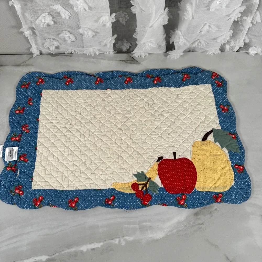 Set of 6 Vintage Quilted‎ Fruit Placemats Polka Dot Appliqué Apple Pear Cherry